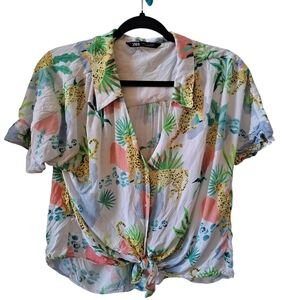 ZARA Leopard Print Tie-Front Blouse Women’s S – Tropical Jungle Pattern